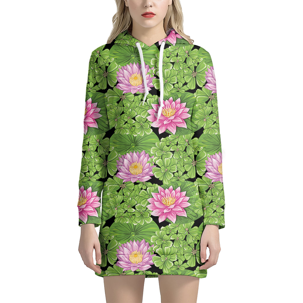 Cute Water Lily Pattern Print Women's Pullover Hoodie Dress