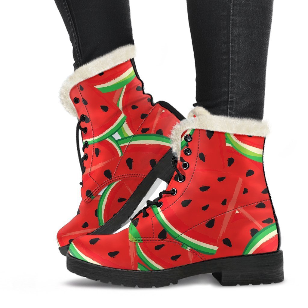 Cute Watermelon Pieces Pattern Print Faux Fur Leather Boots