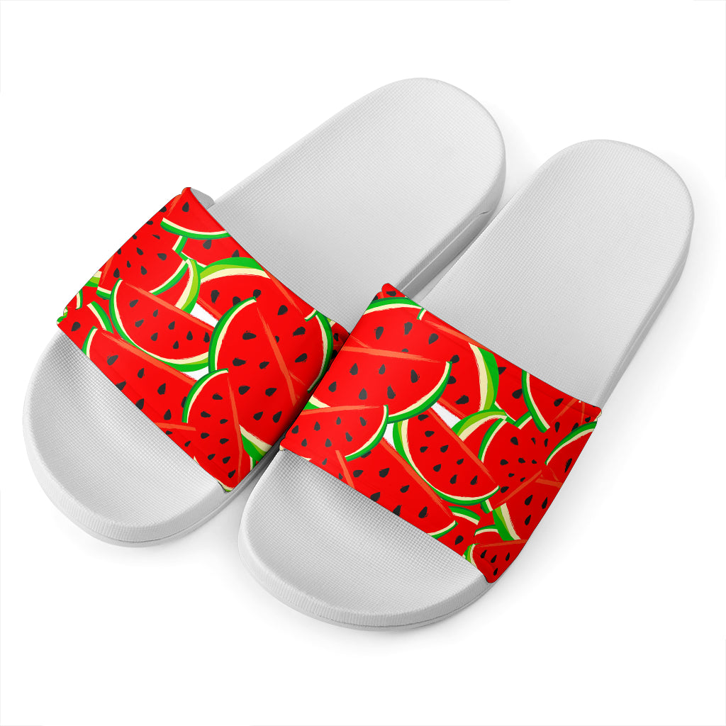 Cute Watermelon Pieces Pattern Print White Slide Sandals