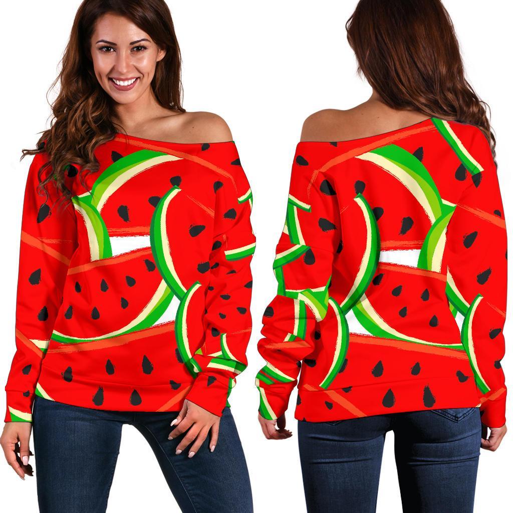 Cute Watermelon Pieces Pattern Print Women's Off-Shoulder Sweatshirt