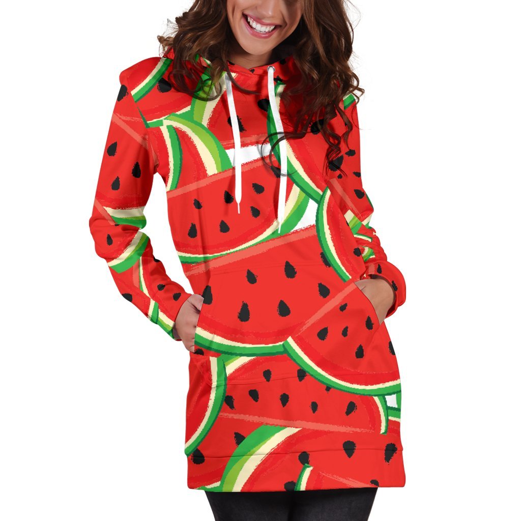 Cute Watermelon Pieces Pattern Print Women's Pullover Hoodie Dress