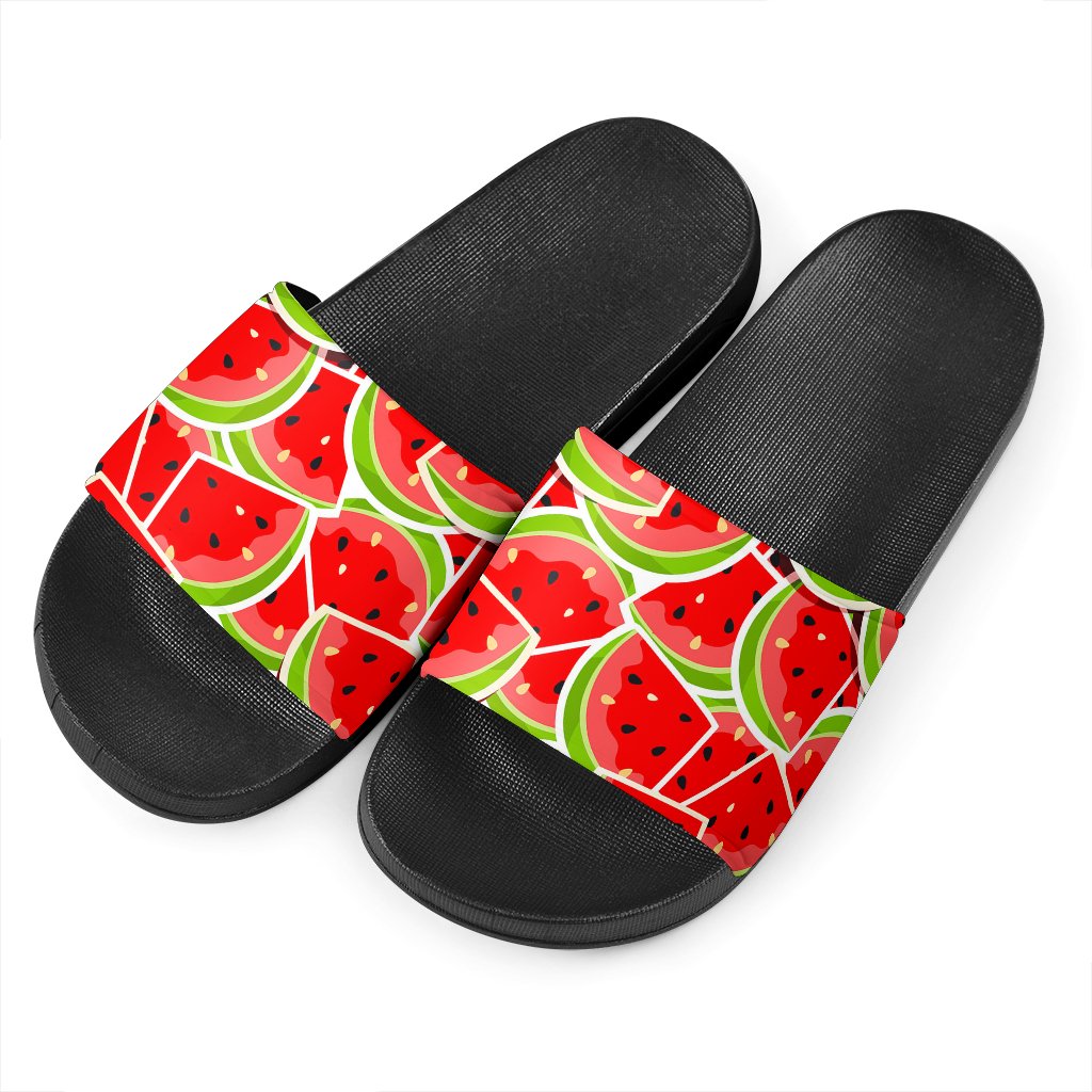 Cute Watermelon Slices Pattern Print Black Slide Sandals