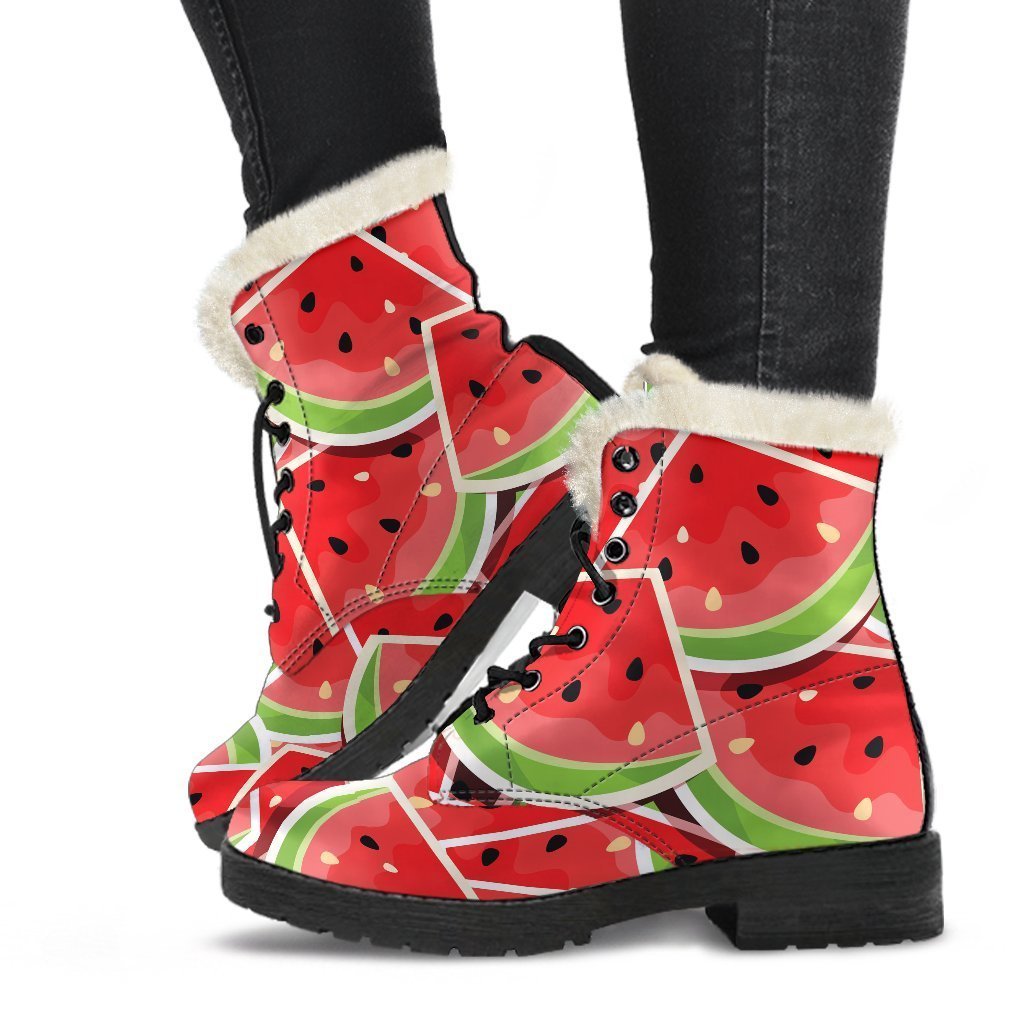 Cute Watermelon Slices Pattern Print Faux Fur Leather Boots