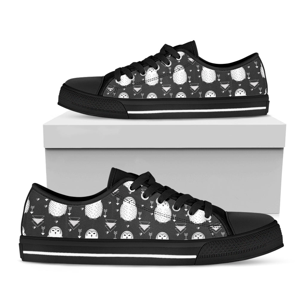 Cute White And Grey Owl Pattern Print Black Low Top Shoes