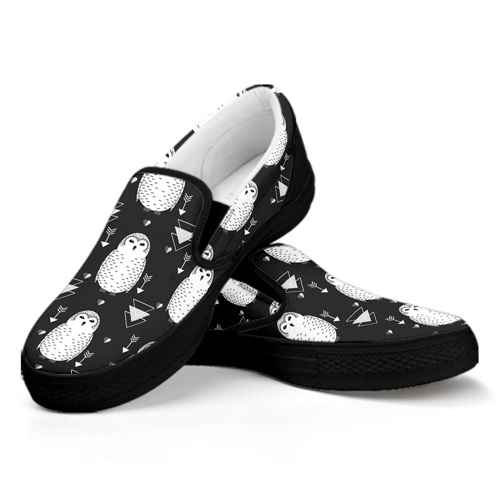 Cute White And Grey Owl Pattern Print Black Slip On Shoes