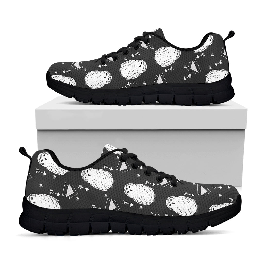 Cute White And Grey Owl Pattern Print Black Sneakers