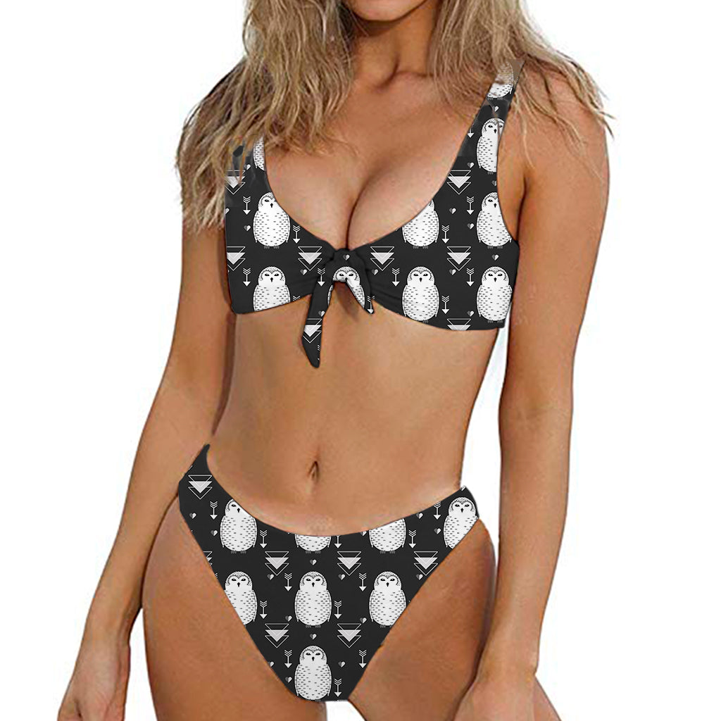 Cute White And Grey Owl Pattern Print Front Bow Tie Bikini