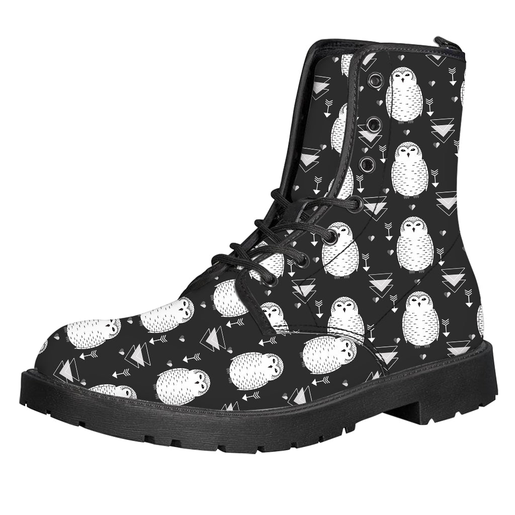 Cute White And Grey Owl Pattern Print Leather Boots