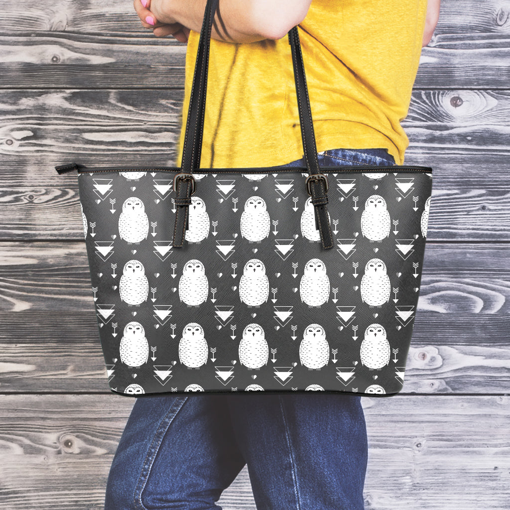 Cute White And Grey Owl Pattern Print Leather Tote Bag