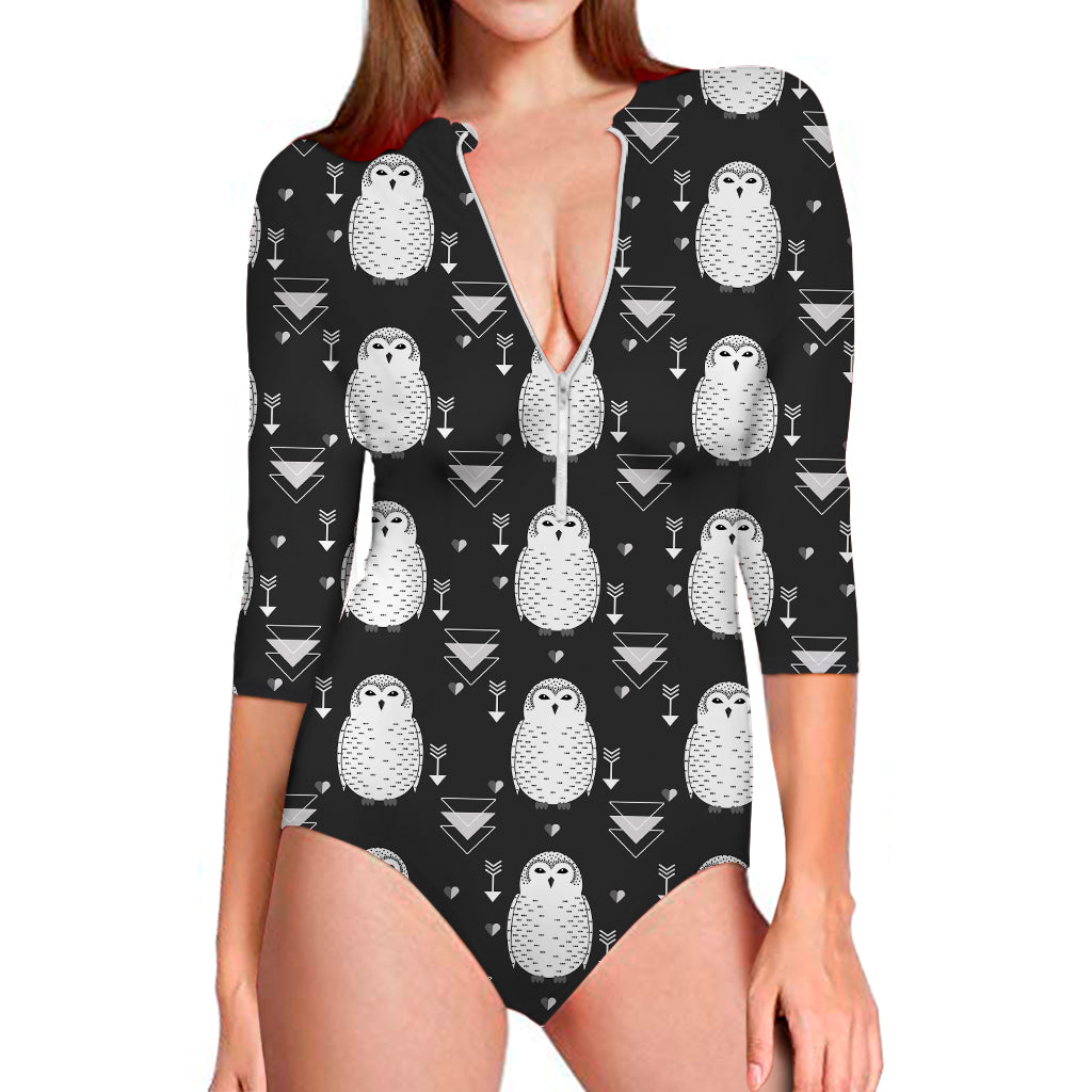 Cute White And Grey Owl Pattern Print Long Sleeve One Piece Swimsuit