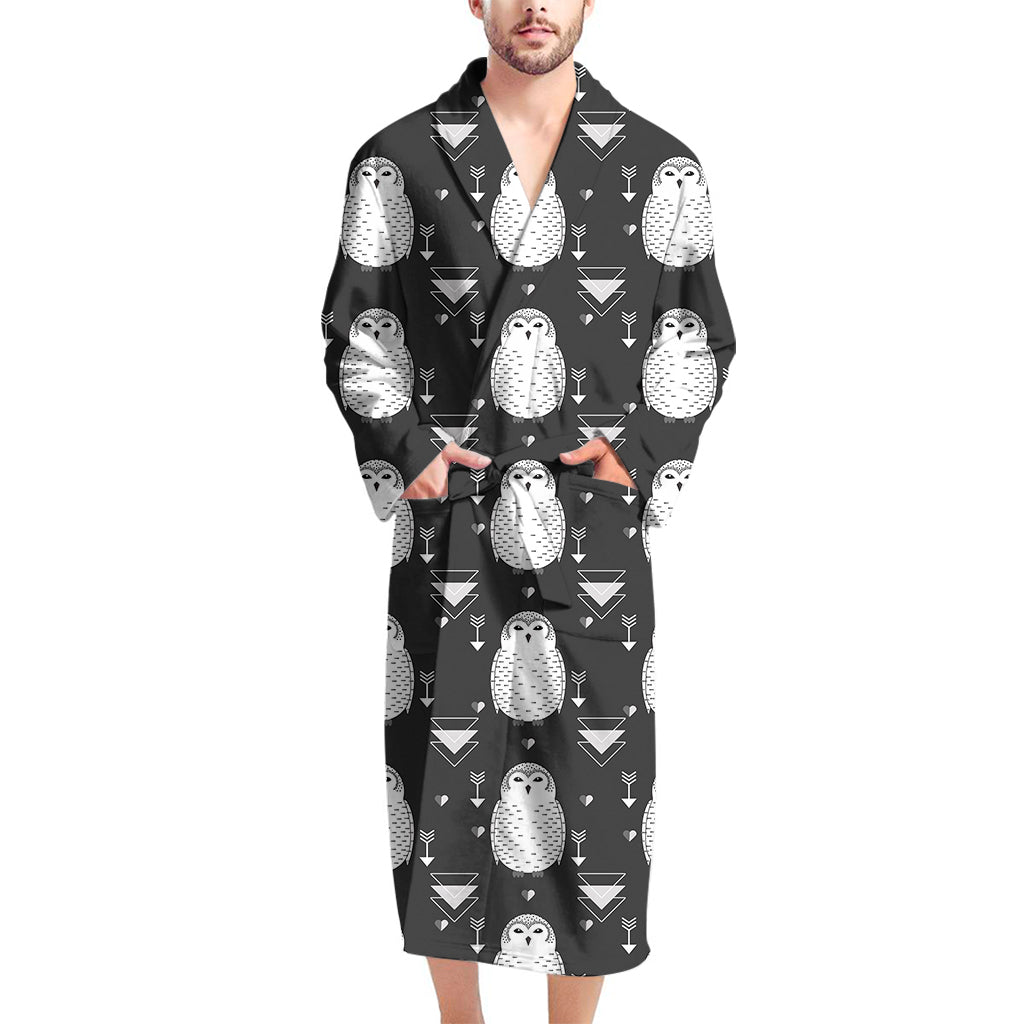 Cute White And Grey Owl Pattern Print Men's Bathrobe