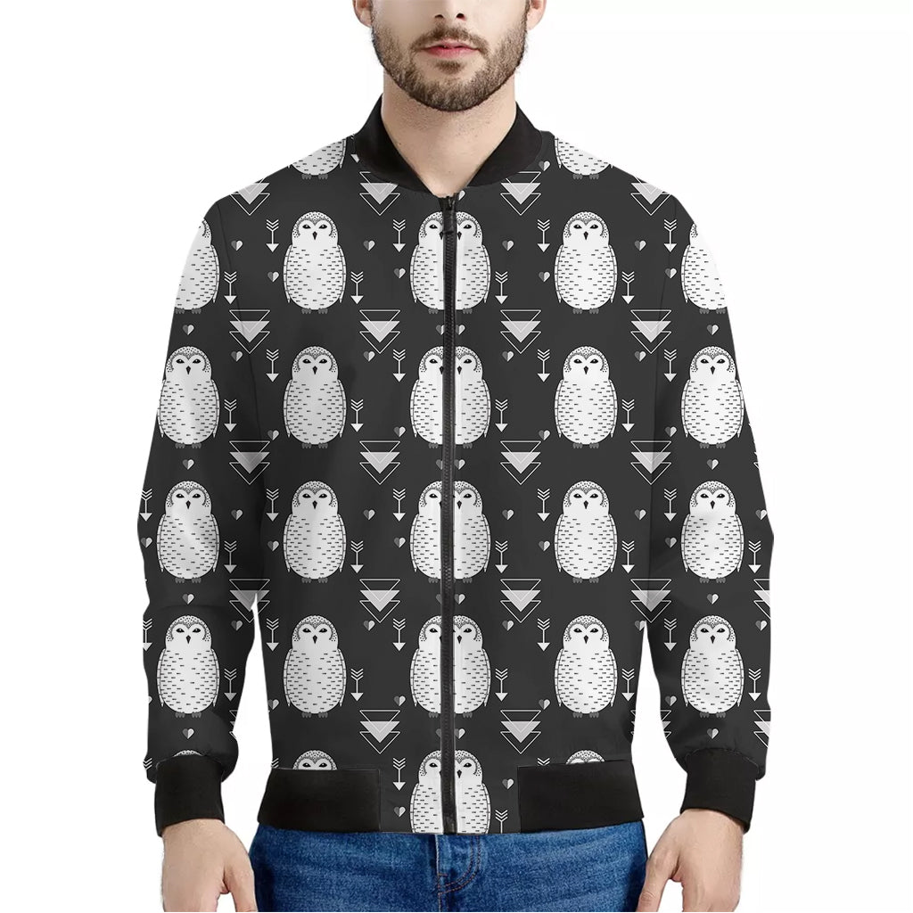 Cute White And Grey Owl Pattern Print Men's Bomber Jacket