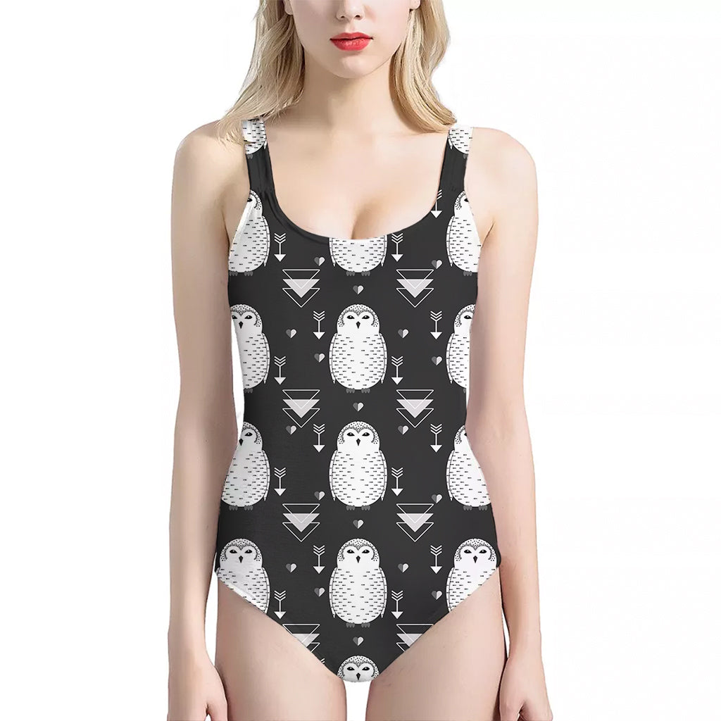 Cute White And Grey Owl Pattern Print One Piece Halter Neck Swimsuit