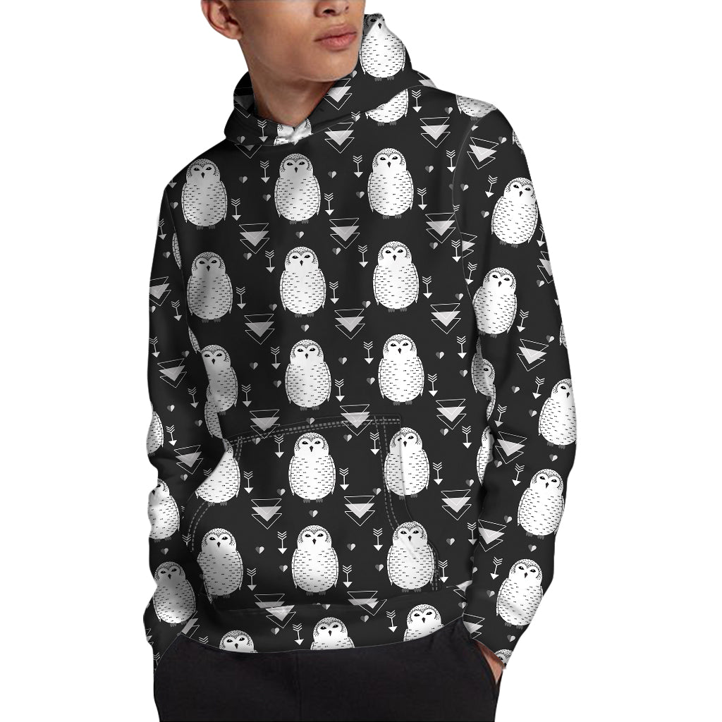 Cute White And Grey Owl Pattern Print Pullover Hoodie