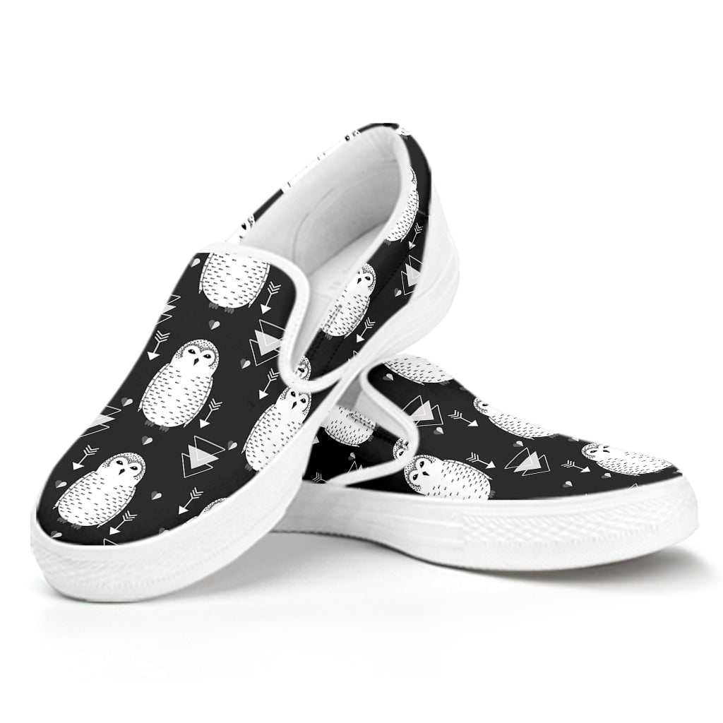 Cute White And Grey Owl Pattern Print White Slip On Shoes