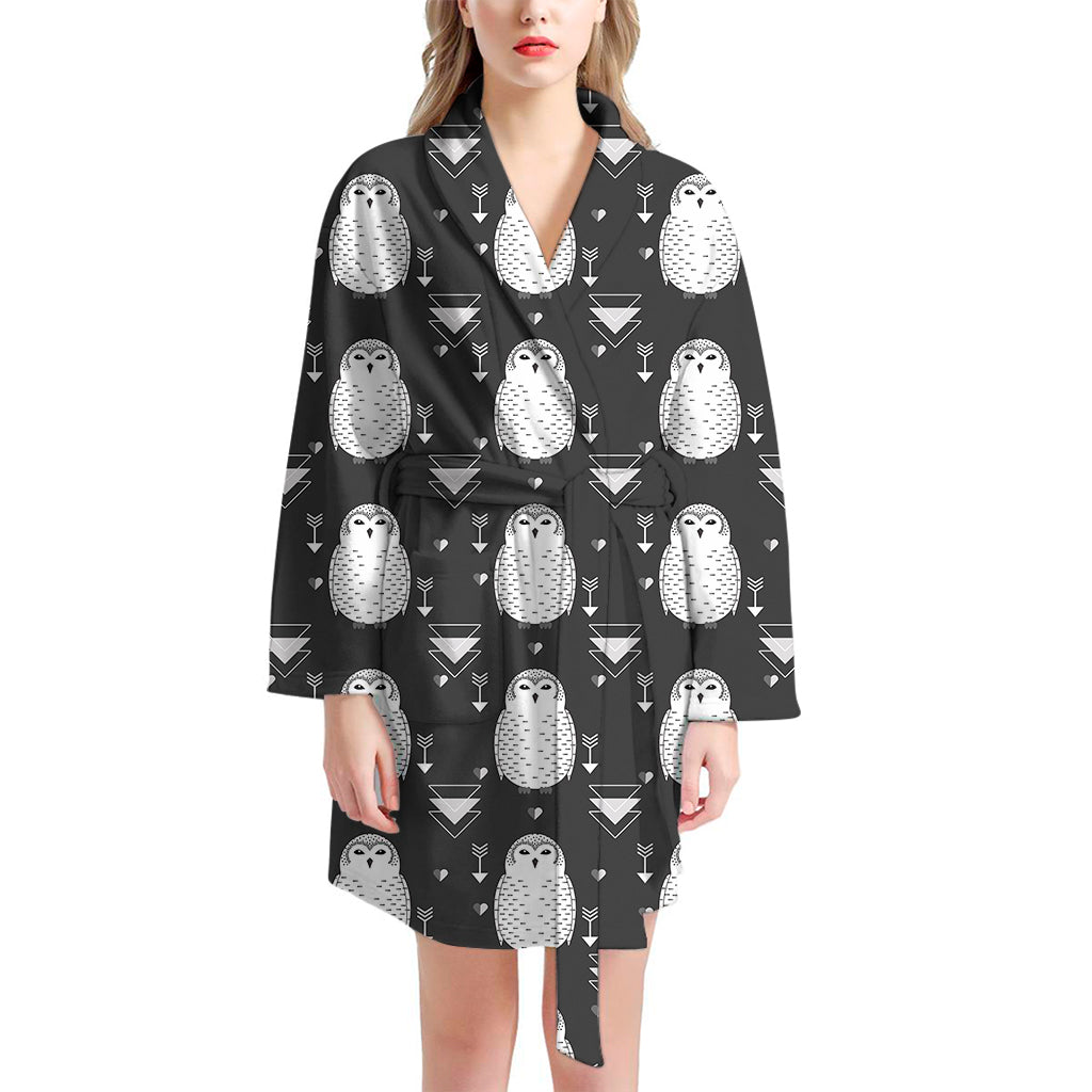 Cute White And Grey Owl Pattern Print Women's Bathrobe