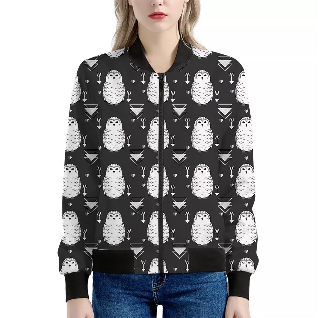 Cute White And Grey Owl Pattern Print Women's Bomber Jacket