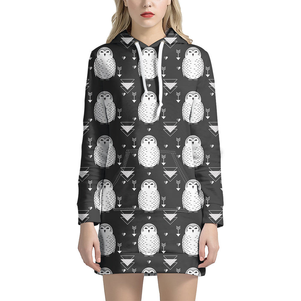 Cute White And Grey Owl Pattern Print Women's Pullover Hoodie Dress