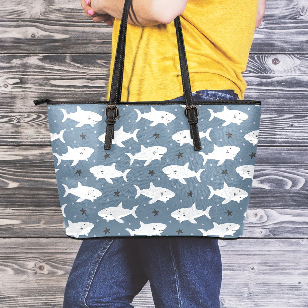 Cute White Shark Pattern Print Leather Tote Bag