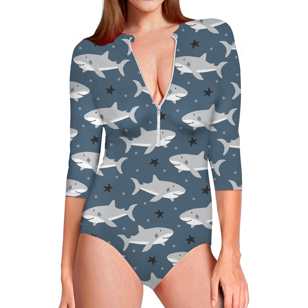 Cute White Shark Pattern Print Long Sleeve One Piece Swimsuit