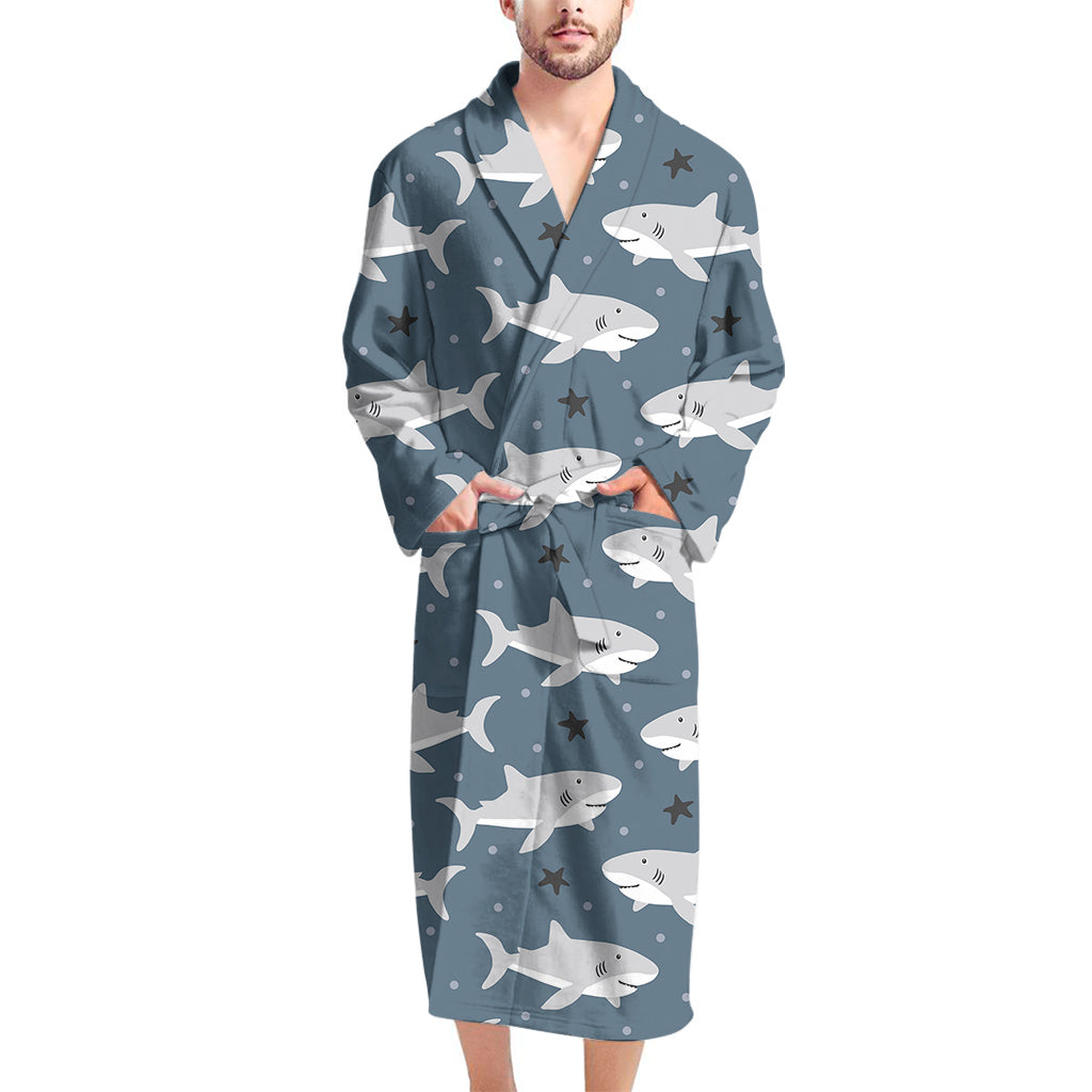 Cute White Shark Pattern Print Men's Bathrobe