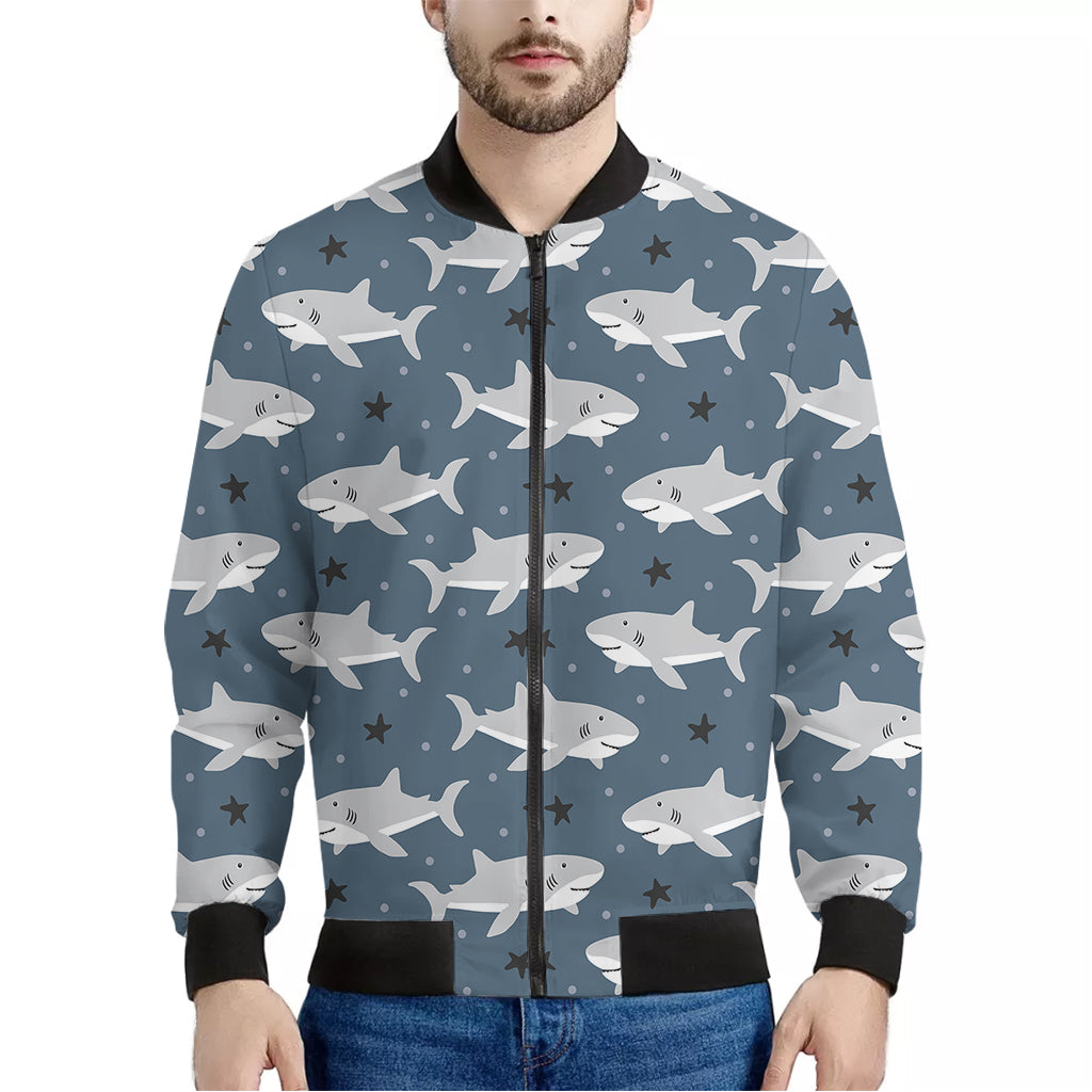 Cute White Shark Pattern Print Men's Bomber Jacket