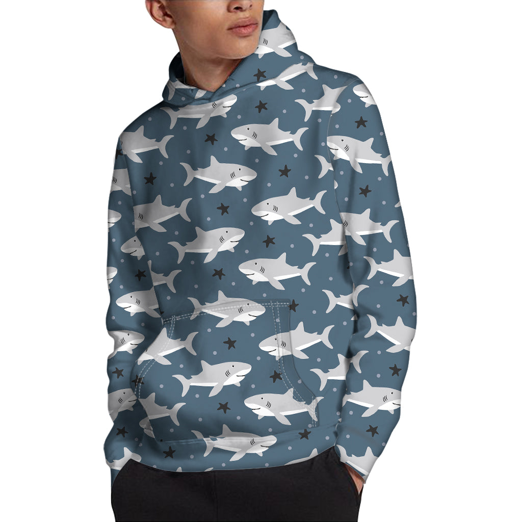 Cute White Shark Pattern Print Pullover Hoodie