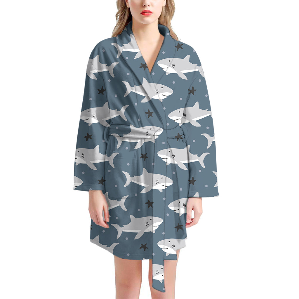 Cute White Shark Pattern Print Women's Bathrobe