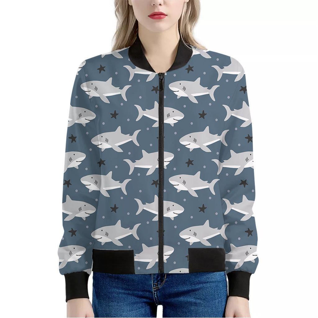 Cute White Shark Pattern Print Women's Bomber Jacket