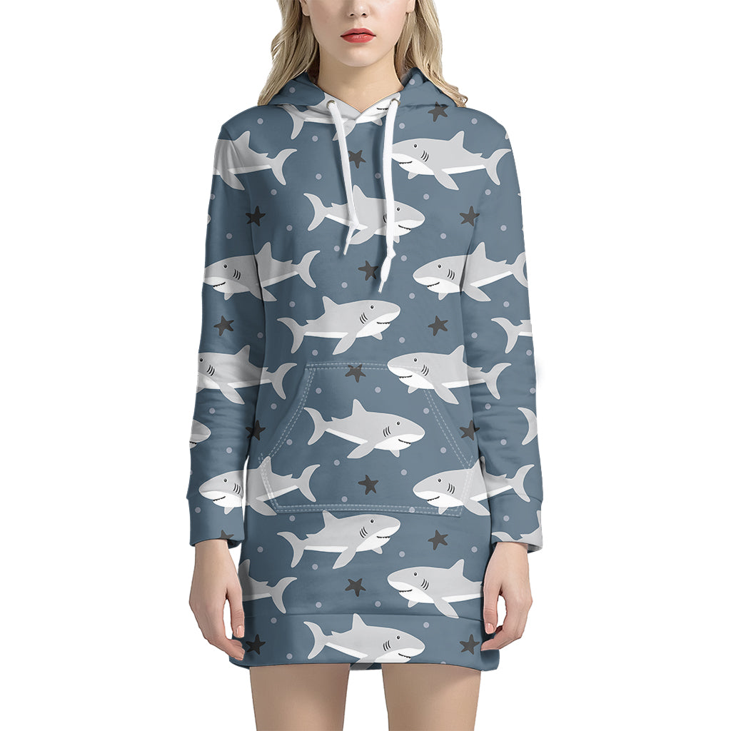 Cute White Shark Pattern Print Women's Pullover Hoodie Dress