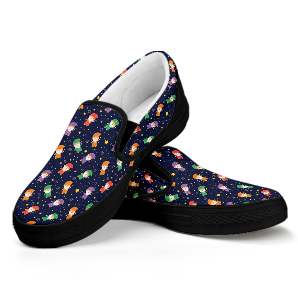 Cute Wizard Pattern Print Black Slip On Shoes