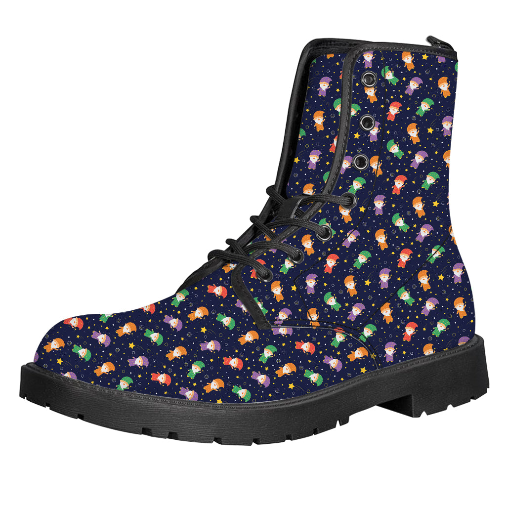 Cute Wizard Pattern Print Leather Boots