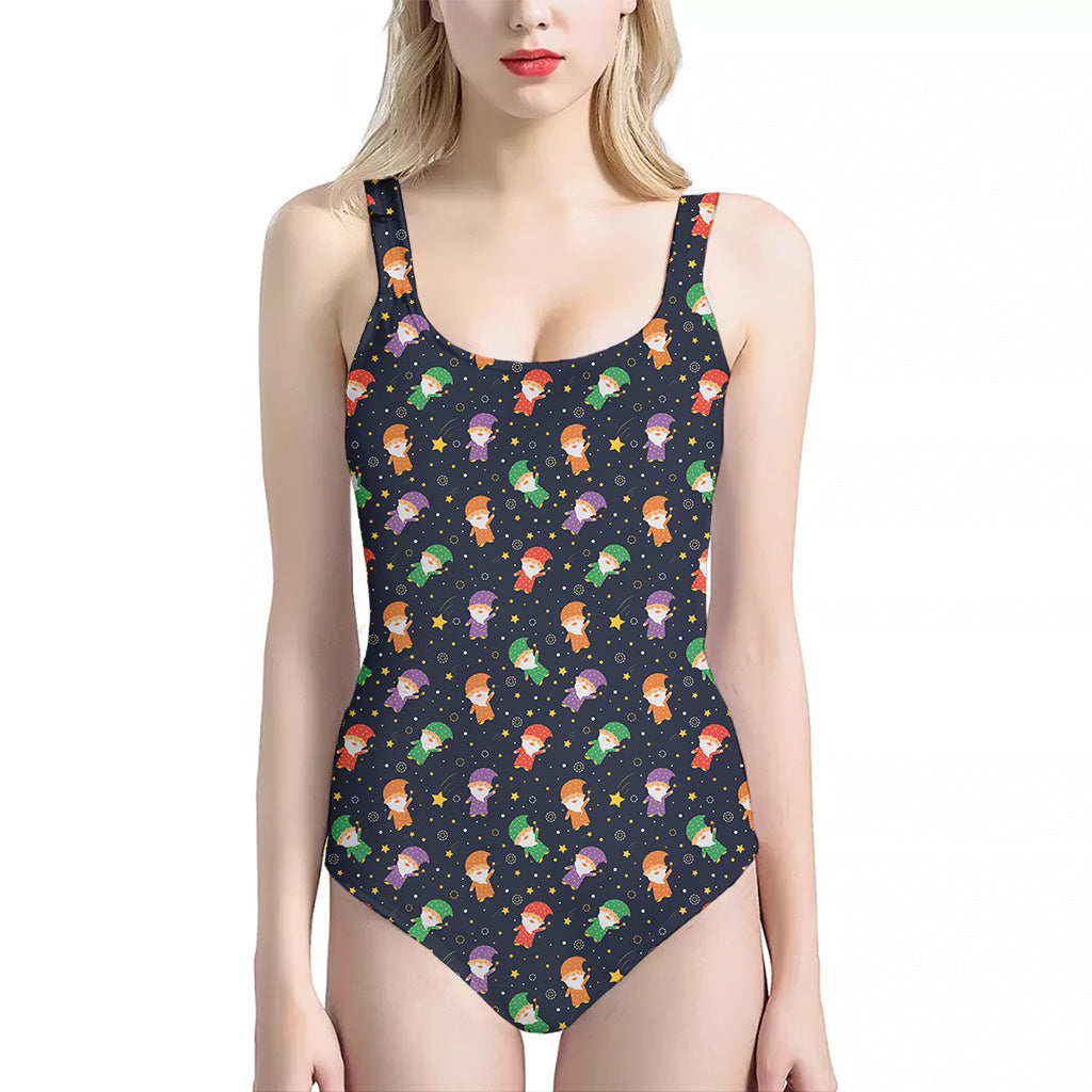 Cute Wizard Pattern Print One Piece Halter Neck Swimsuit