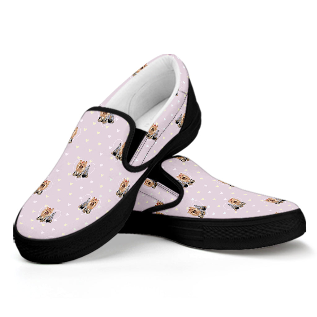 Cute Yorkshire Terrier Pattern Print Black Slip On Shoes