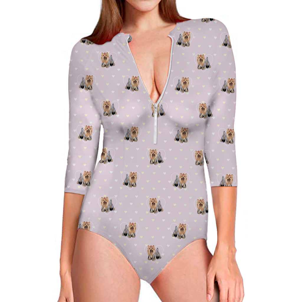 Cute Yorkshire Terrier Pattern Print Long Sleeve One Piece Swimsuit