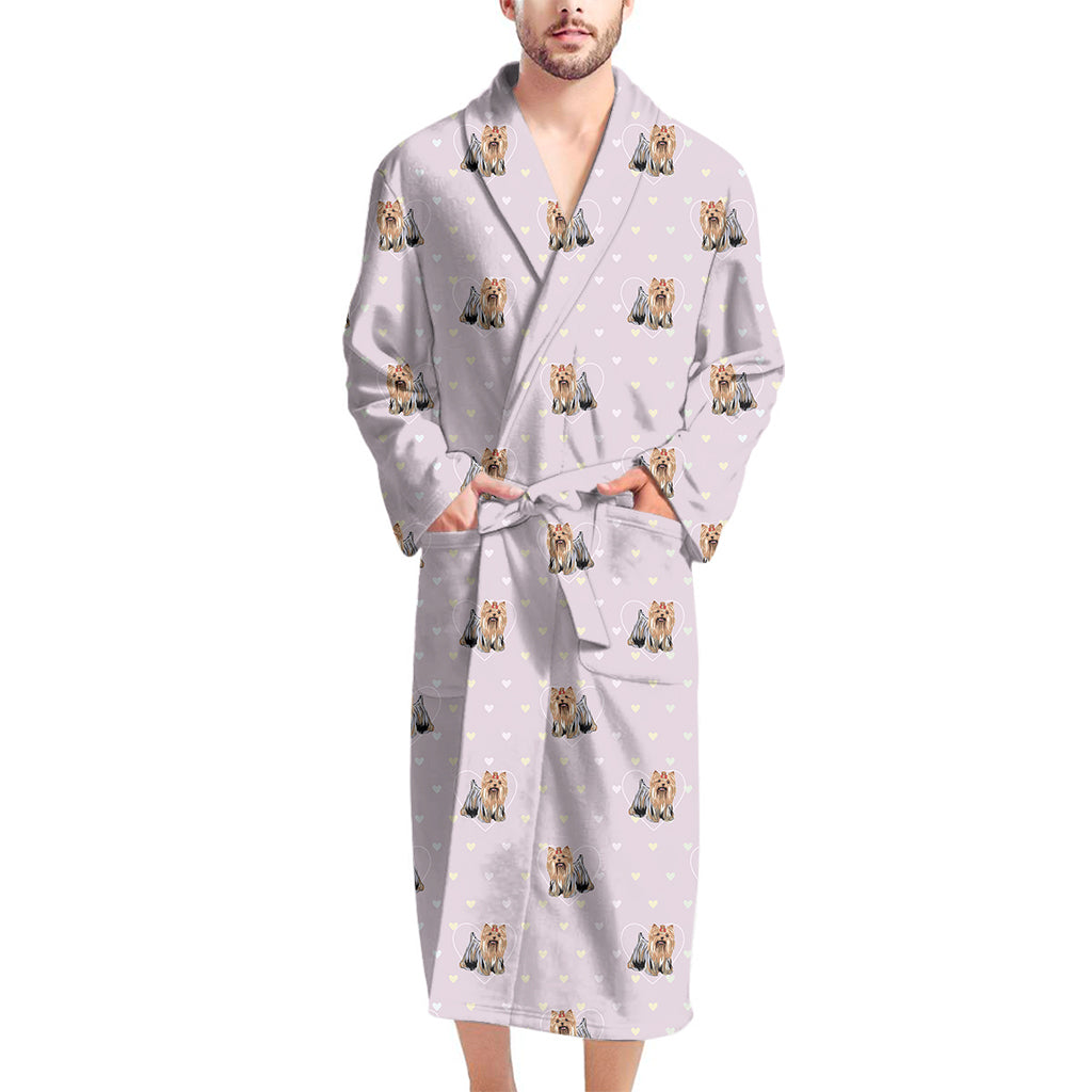 Cute Yorkshire Terrier Pattern Print Men's Bathrobe