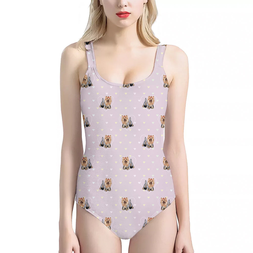 Cute Yorkshire Terrier Pattern Print One Piece Halter Neck Swimsuit