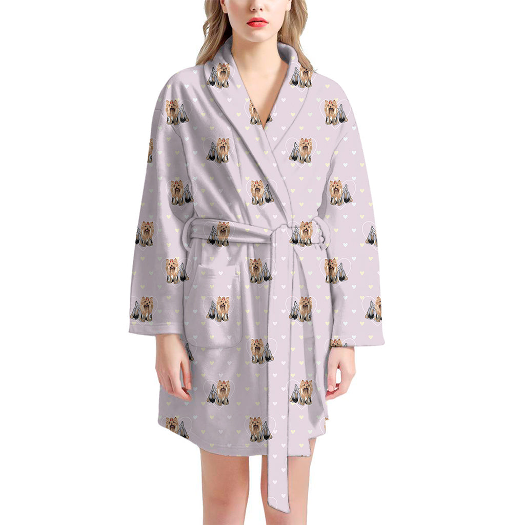 Cute Yorkshire Terrier Pattern Print Women's Bathrobe