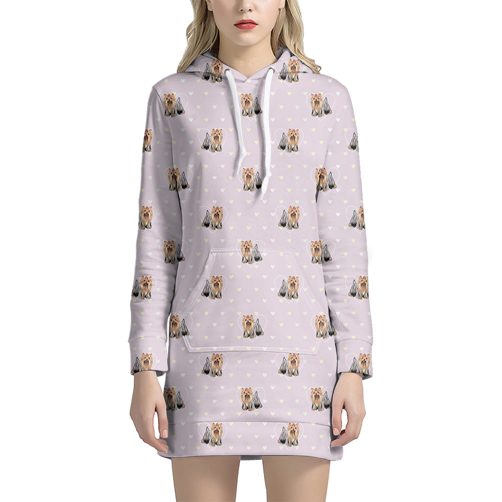 Cute Yorkshire Terrier Pattern Print Women's Pullover Hoodie Dress