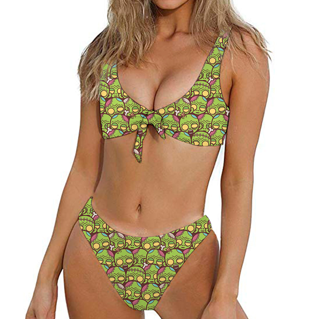 Cute Zombie Pattern Print Front Bow Tie Bikini