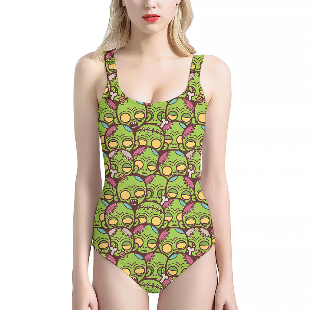 Cute Zombie Pattern Print One Piece Halter Neck Swimsuit