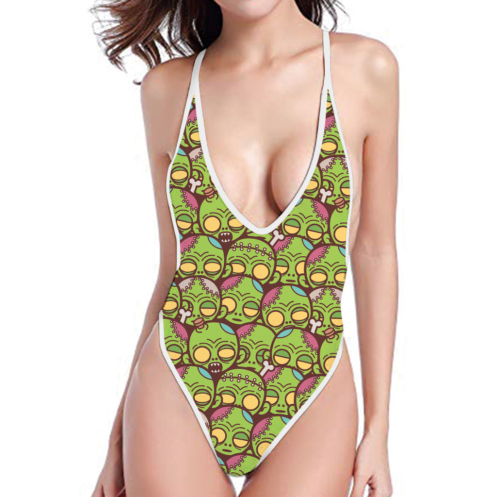 Cute Zombie Pattern Print One Piece High Cut Swimsuit