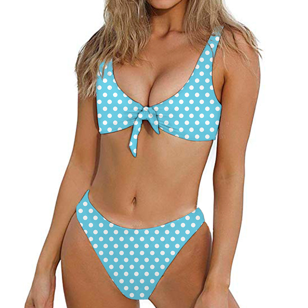 Cyan And White Polka Dot Pattern Print Front Bow Tie Bikini