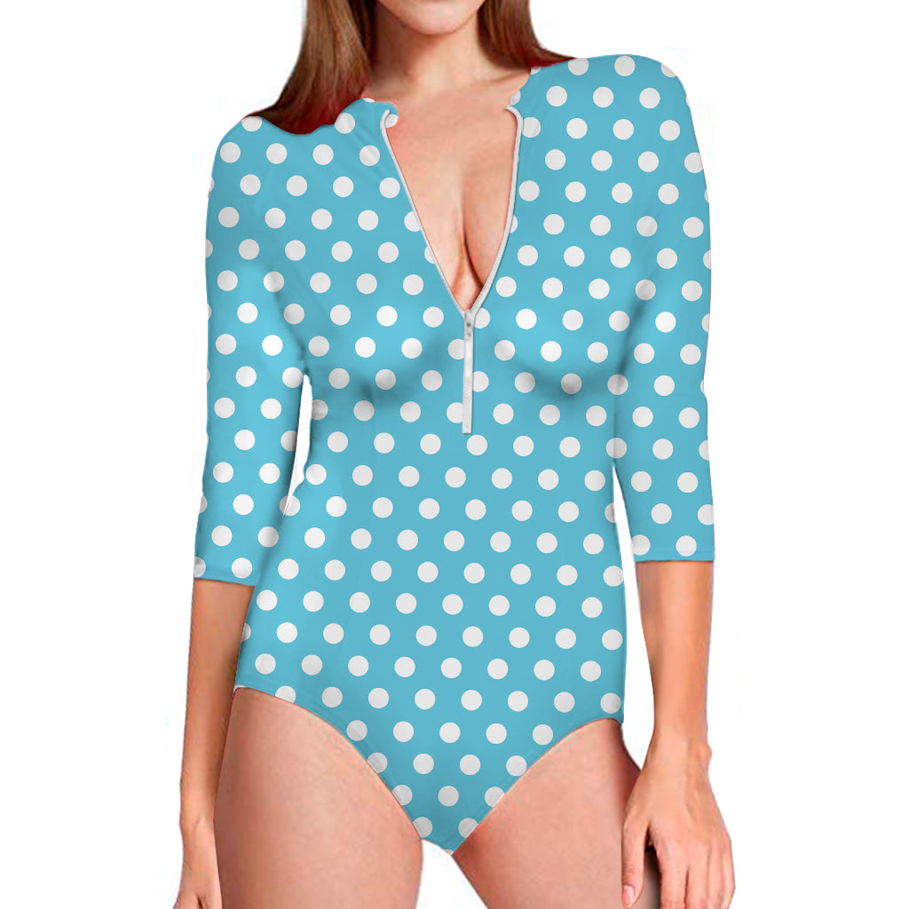 Cyan And White Polka Dot Pattern Print Long Sleeve One Piece Swimsuit