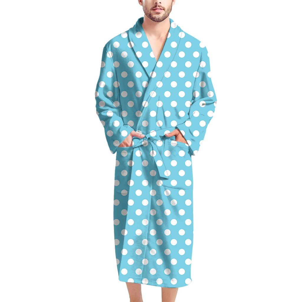 Cyan And White Polka Dot Pattern Print Men's Bathrobe