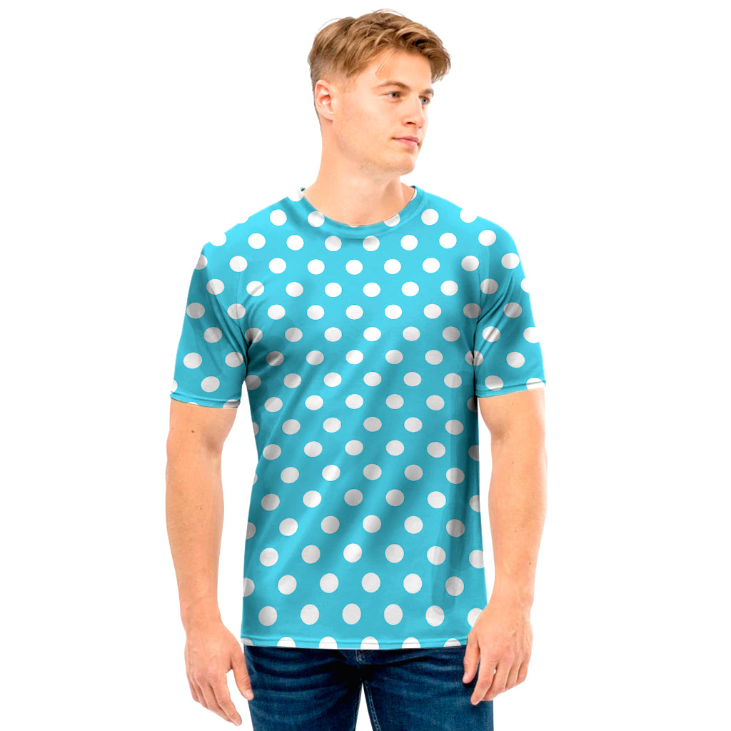 Cyan And White Polka Dot Pattern Print Men's T-Shirt