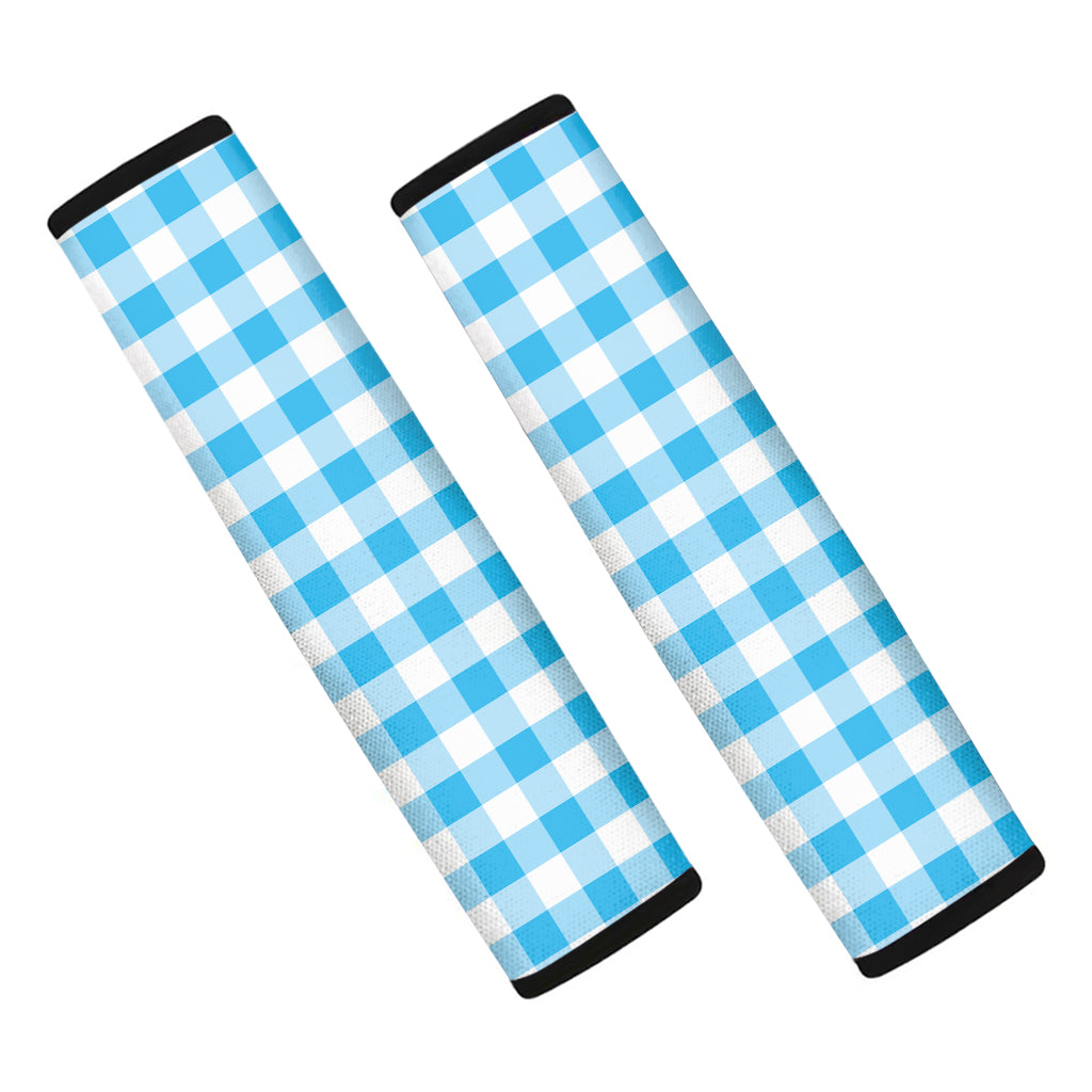 Cyan Blue And White Gingham Print Car Seat Belt Covers