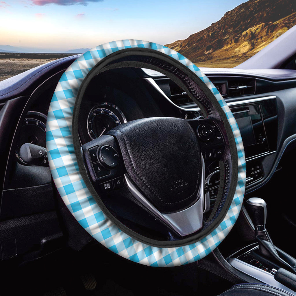 Cyan Blue And White Gingham Print Car Steering Wheel Cover