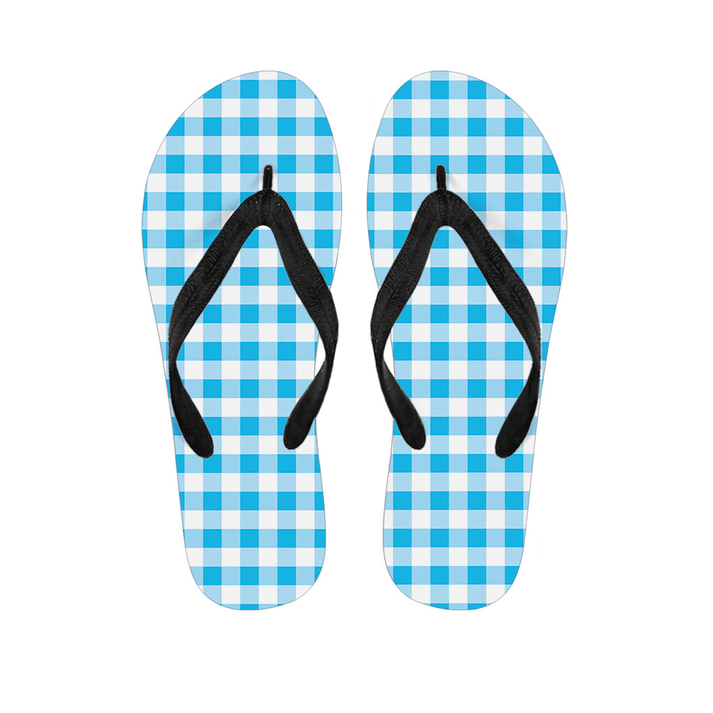 Cyan Blue And White Gingham Print Flip Flops