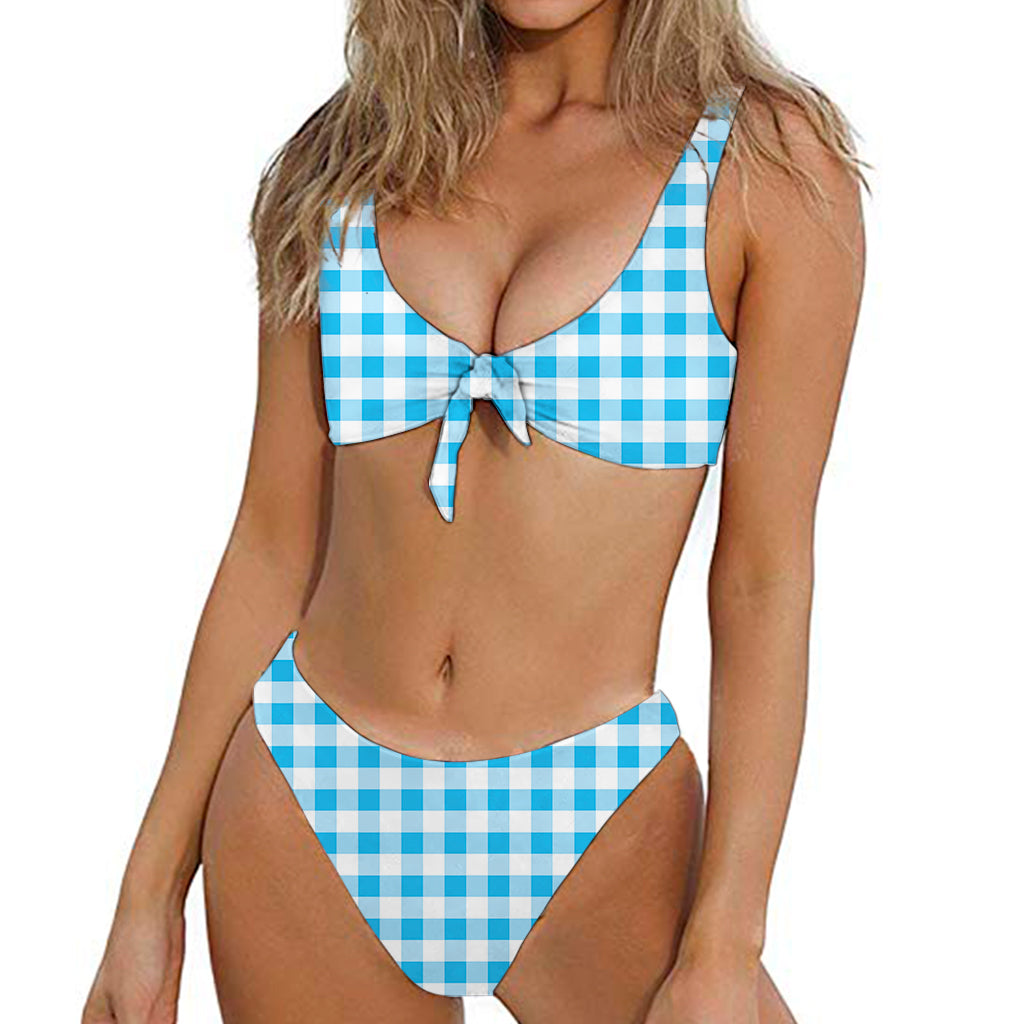 Cyan Blue And White Gingham Print Front Bow Tie Bikini